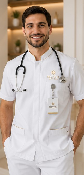 Enfermeiro da Eleve Care com jaleco branco e estetoscópio